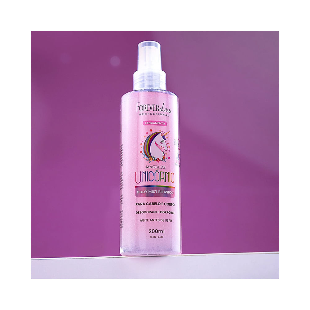 Frasco lilás do Body Splash Forever Liss Magia de Unicórnio 200ml para cabelo e corpo